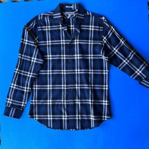 Express fitted, plaid with white, black, navy light blue, medium